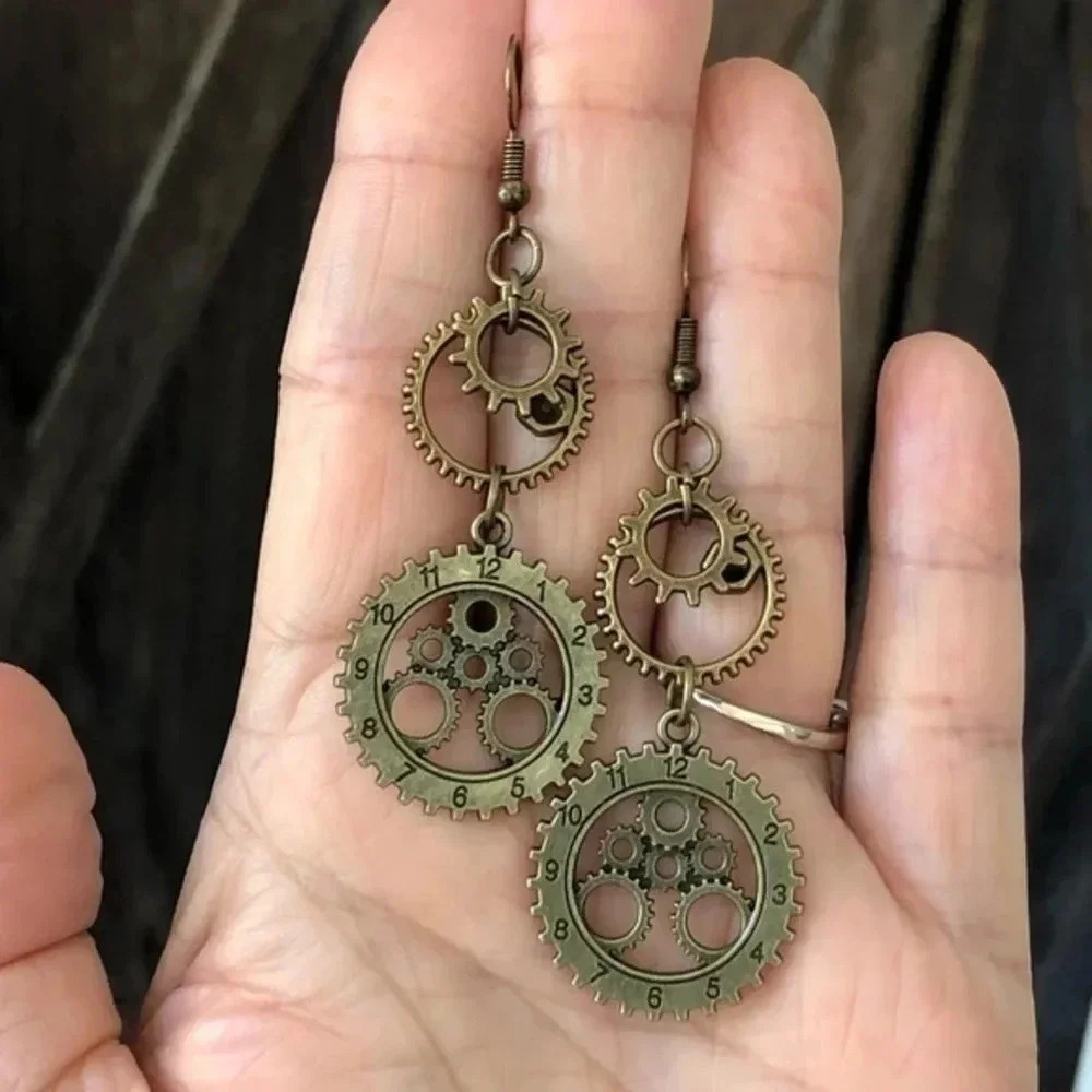 Steampunk Cosplay Clock Gear Bronze Tone Earrings Handmade